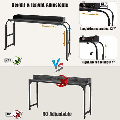 HWB Over Bed Desk with LED Light, Wheels & Charging Station, Black | Auto-sensor 3 Color LED light, Adjustable height, Smooth rolling wheels - color: Black