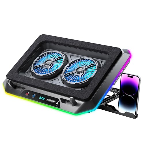 KYOLLY RGB Gaming Laptop Cooling Pad with Two Turbo Fan 3000RPM, Rapid Cooling for 15.6-19.3" Laptops, Variable Speed Control, 6 Adjustable Heights,10 RGB Lighting Modes,4 Hub