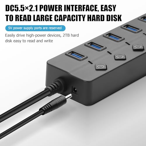 90 Degree USB Hub Splitter YACSEJAO USB 2.0 Data Hub with Individual LED Button On/Off Switch DC5.5 * 2.1 Power Port for Laptop,PC Computer (7 Ports, 0.3M) - size: 0.3M, style: 7 Ports
