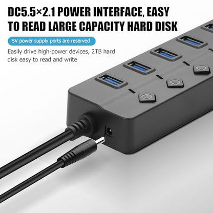 90 Degree USB Hub Splitter YACSEJAO USB 2.0 Data Hub with Individual LED Button On/Off Switch DC5.5 * 2.1 Power Port for Laptop,PC Computer (7 Ports, 0.3M) - size: 0.3M, style: 7 Ports