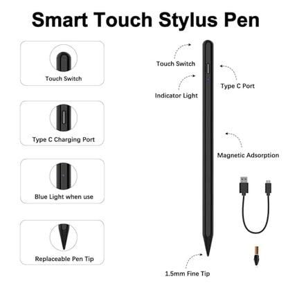 Stylus Pen for iPad 2025-2018 Active Pen 11th & 10th Gen Fast Chagring Stylus Pencil with Palm Rejection for Apple iPad 11th/A16/10/9/8/7/6th,Pro 12.9/11/13 inch M4,Air M2/M3/5/4/3,Mini A16/5th/6th - color: Black