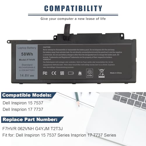 Futurebatt F7HVR Notebook Battery 14.8V 58WH Replaceable for Dell Inspiron 15 7537 Dell Insprion 17 7737 Series - size: F7HVR 11.61 5.51 0.98in