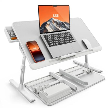 SAIJI Laptop Bed Tray Table, Adjustable PVC Leather Laptop Bed Table, Portable Standing Desk with Storage Drawer, Foldable Lap Tablet Table for Sofa Couch Floor (Large,White) | Fits 17" Laptop, Work From Home & Dorm Study, with Storage Drawer & PVC Leathe
