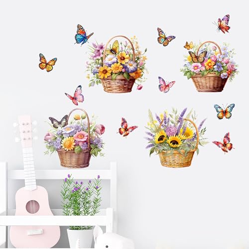 Flower Basket Butterfly Wall Stickers Bedroom Bathroom Restroom Cistern Nursery Decor DIY Removable Bouquet Toilet Seat Lid Decals 4 Pcs (Yellow) - color: Yellow