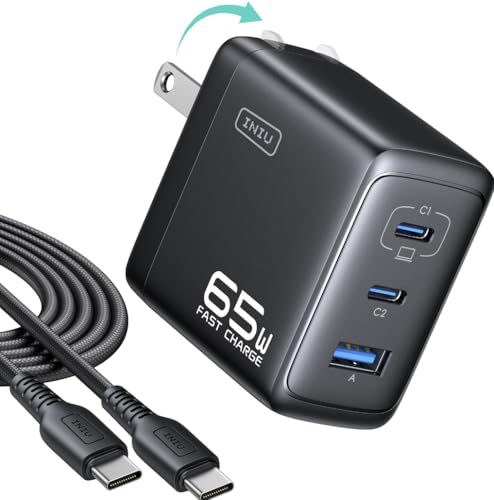 INIU 65W USB C Charger Block, 3-Port GaN Fast Charging Adapter with 100W Cable & Advanced Protection, Foldable Travel Charger for iPhone 17 16 15 Pro Max, iPad, Samsung S26 S25 Ultra, Pixel eReaders