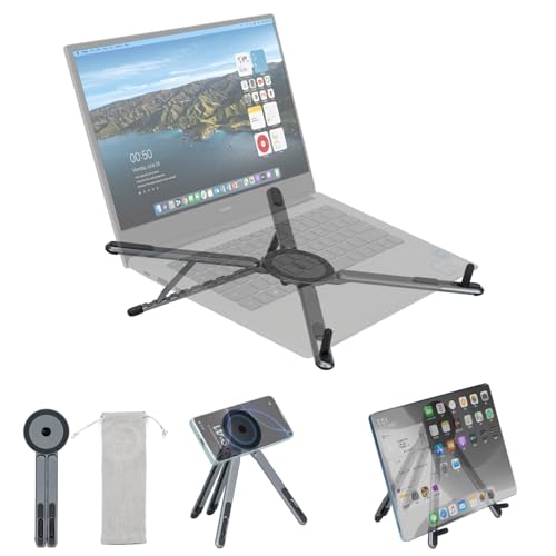 koolehaoda Portable Laptop Stand for Desk & Travel, CNC Aluminum Foldable Computer Riser Magnetic Grip Multi-Angle Support Stand for MagSafe,MacBook,iPhone,iPad, 4–16" Phones,Tablets and Laptops