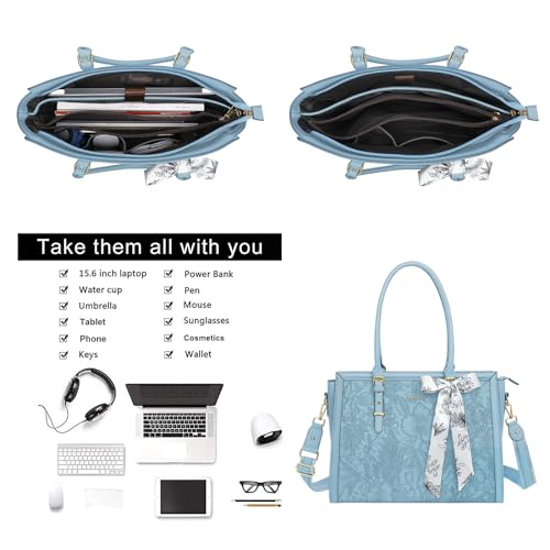 MOSISO Laptop Bag for Women, 17-17.3 inch PU Leather Tote Bag | Compatible with MacBook, HP,Dell, Front Embossed Retro Hibiscus Computer Bags with Silk Scarf&Clutch Purse, Air Blue - color: Air Blue, size: 17.3 inch