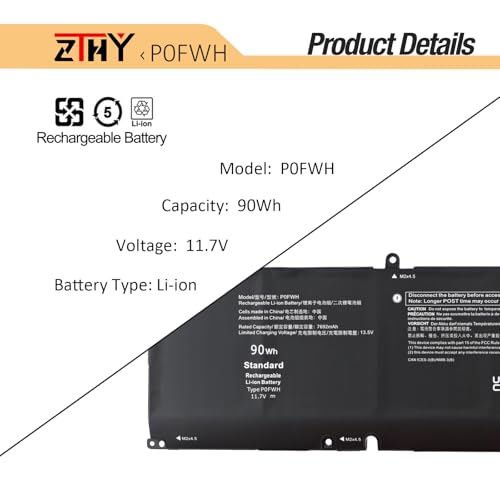 ZTHY 90Wh P0FWH Laptop Battery Replacement for Dell Alienware M16 R2 | Inspiron 16 Plus 7640, Inspiron 16 7640 2-in-1 P132F P133F P132F001 P132F003 P133F001 POFWH M9DG0 1969N HGJCY 11.7V 6-Cell - size: 11.89*3.35*0.31 inch P0FWH