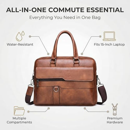 Men's Leather Laptop Bag 15 IN, Water-Resistant Briefcase Messenger Bag for Work, Business, Shoulder Crossbody Office Satchel - color: Deep Khaki