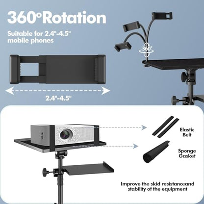 Projector Stand Tripod Laptop Tripod on Wheels with 2 Shelves | 26 to 49 Inch Adjustable Height, Portable Podium Stand with Gooseneck Phone Holder for Office, School, Home, DJ Racks