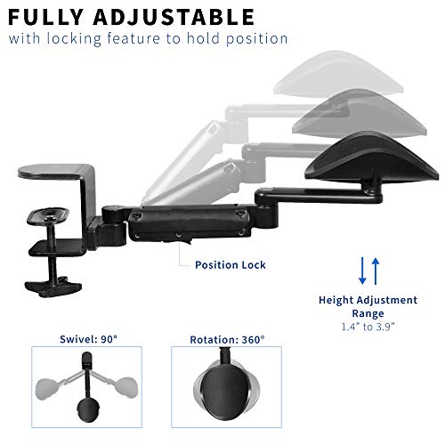 VIVO 2 Pack Clamp-on Adjustable Armrests, Universal Desk Cradle 360° Rotating Elbow Platform, Arm Support Steel Base Table Extension, Black, MOUNT-ARM02P