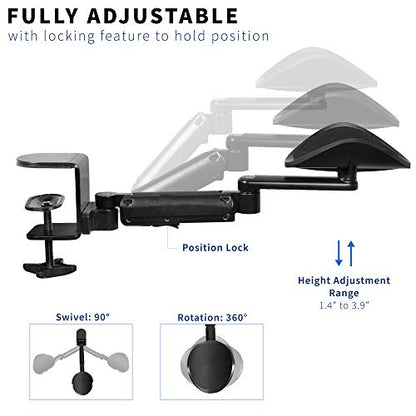 VIVO 2 Pack Clamp-on Adjustable Armrests, Universal Desk Cradle 360° Rotating Elbow Platform, Arm Support Steel Base Table Extension, Black, MOUNT-ARM02P