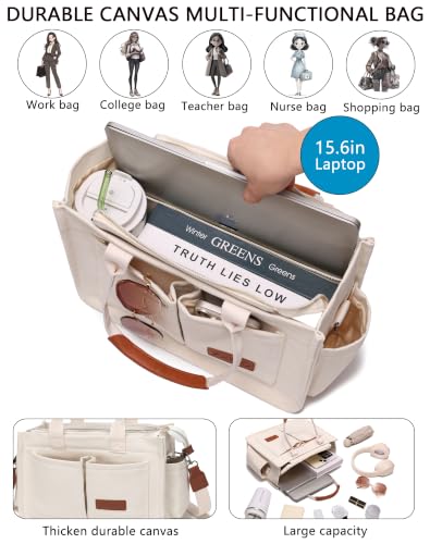 Canvas Tote Bag for Women,Women's Bags Crossbody Bags Work Laptop Tote Bag Large Handbags Purse for Travel Nurse Teacher - color: New Upgrade White With Compartments and Side Cup Holders