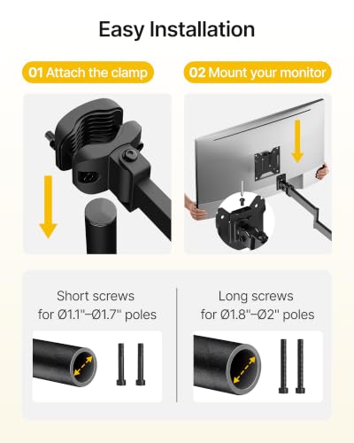 monTEK Universal VESA Steel Pole Mount Full Motion Monitor Arm, Fits 17 to 32 Inch Screens with Removable 75x75/100x100 VESA Plate, Holds Up to 10kg/22lbs, Black Clamp Mount with Cable Management - size: 10.7" Long Arm