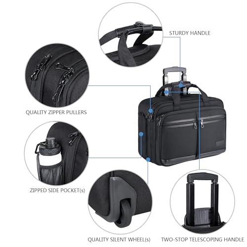 KROSER 17.3 Inch Rolling Laptop Computer Bag,Wheeled Briefcase,Roller Case | Multi-compartments, silent wheels,fits airline overhead bins,with luggage strap for business travel