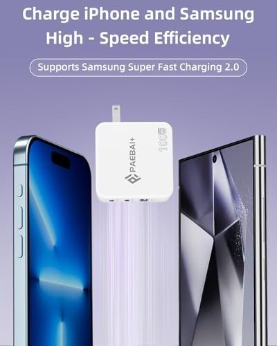 100W USB C Charger Block, 3 Port GaN Foldable Wall Fast Charger | for MacBook Pro, MacBook Air, Dell XPS, iPhone 17 16 Series, Samsung Galaxy, iPad Pro and All USB-C Devices - color: White