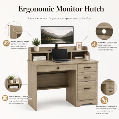 4 EVER WINNER Computer Desk with Drawers, Small Desk with Monitor Stand and File Drawer, Wood Desk with Storage, Writing Desk for Bedroom Home Offic, Grey - color: Grey