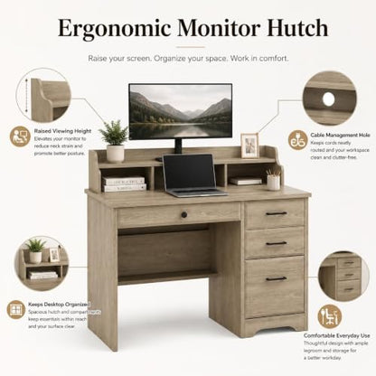 4 EVER WINNER Computer Desk with Drawers, Small Desk with Monitor Stand and File Drawer, Wood Desk with Storage, Writing Desk for Bedroom Home Offic, Grey - color: Grey