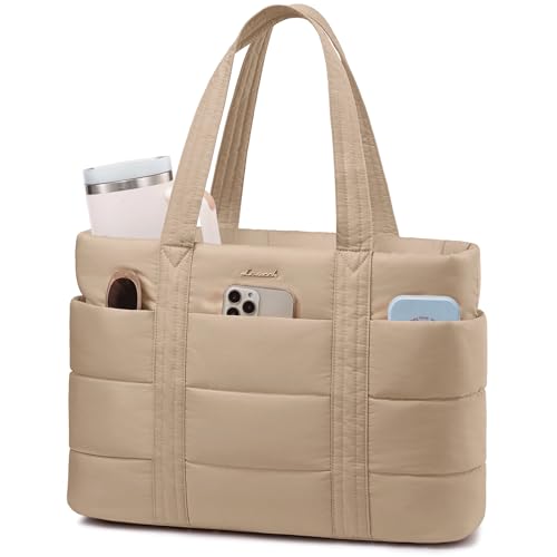 LOVEVOOK Tote Bag for Women, Large Puffer Work Tote Bag for 17.3 Inch Laptop, Lightweight Travel Tote with Zipper Gifts for Women - color: Khaki-l, size: 17 Inch