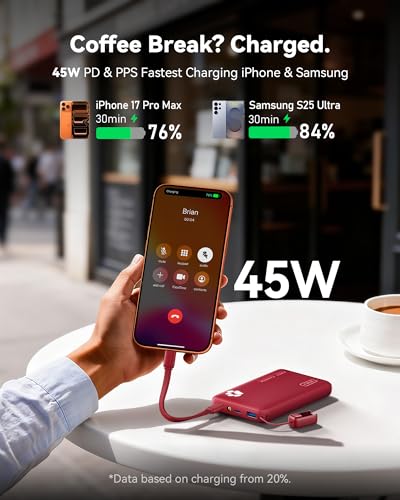 INIU 45W Fast Charging Portable Charger, Smaller 10000mAh Travel Power Bank | Flight-Safe, Detachable USB C Cable, Travel Essential, External Battery Phone Pack for iPhone 17 Samsung S26 iPad etc, Red - color: Red