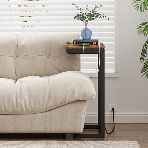 TUTOTAK Large C Shaped End Table, Side Table with Charging Station C Table | Tilting Laptop Stand with Storage, Computer Couch table for Living Room, Bedroom, Brown TB01BB090 - color: Brown, style: Plug