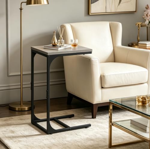 WLIVE C Shaped End Table, Small Couch Side Tables with Metal Frame, Sofa Table TV Tray for Living Room, Bedroom, Greige - color: Greige