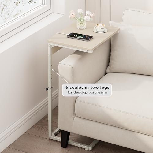 C Shaped End Table with Charging Station, Adjustable Height Side Table for Couch, Small Side Table, 33.2'' Tall Couch Tables that Slide Under, Tv Tray End Table for Living Room, Beige - color: Beige (1 Pack), style: With Plug