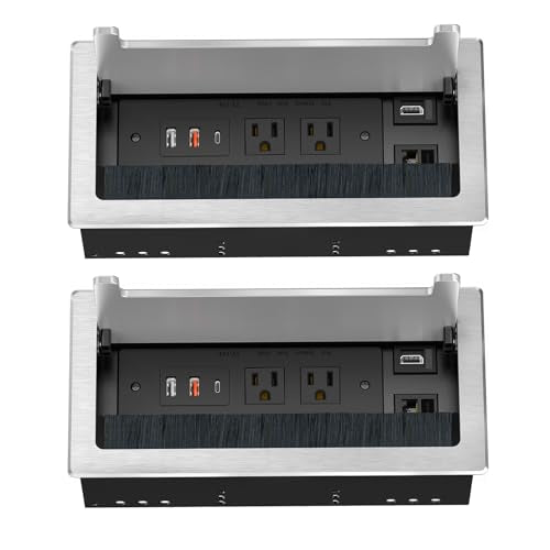 Kungfuking 2Pack Conference Table Power Hub, Outlet Multimedia Connectivity Box with 1 HDMI + 1 RJ45 + 20W USB C + 2 USB A + 2 AC Outlets, Heavy Duty Metal for Countertop Office UL Listed - color: 2PCS 6FT HDMI Silver