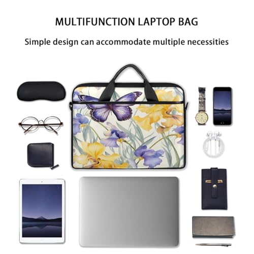 Laptop Shoulder Bag for Women Men, Waterproof Computer Case Messenger Bag Briefcase for Business Office Travel - color: Purple Yellow Iris Flower Butterfly
