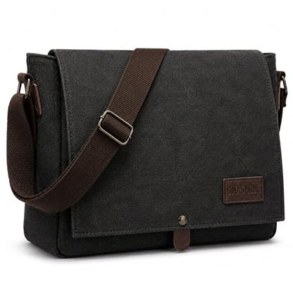 Cota's home Sodateru Bag Plus, Canvas Messenger Bag with Genuine Leather Trim, Water-Resistant Shoulder Fits 14 Inch Laptop - color: Black