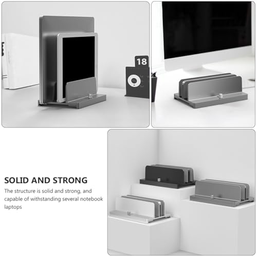 Aluminum Alloy Vertical Laptop Stand with Adjustable Dual Slots, Notebook Mount Base for Space-Saving Desk Organization, Gray Tablet Vertical Holder for Office and Home Use