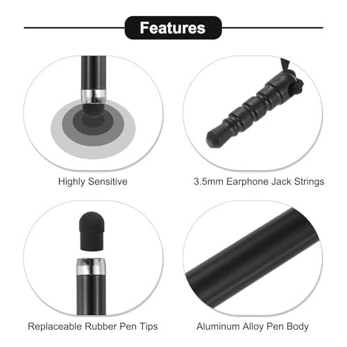 MECCANIXITY 5pcs Metallic Stylus Pen Retractable Aluminum Alloy Mini Capacitive Pens for Universal All Touch Screen Devices, Black - color: Black