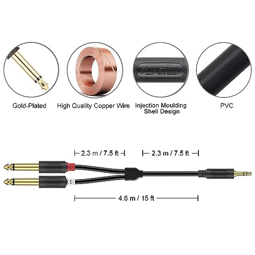 J&D 3.5mm 1/8 inch TRS Male to Dual 6.35mm 1/4 inch TS Male Mono Stereo Y-Cable Splitter with Gold Plated Audiowave Series for Amplifiers, Mixer, Audio Recorder, 15 Feet - size: 15 Feet