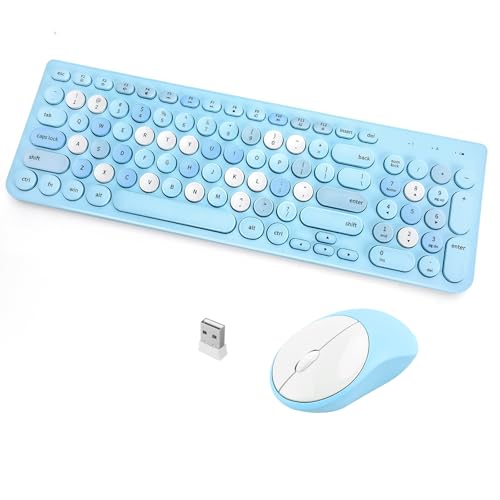 Wireless Keyboard and Mouse Combo, Retro Typewriter Keyboard with Round Keycaps, 2.4GHz USB Cute Wireless Keyboard Mouse for Computer, Desktop, Laptop (Blue Colorful) - color: Blue Colorful