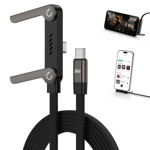 Invisible Holder Charger Cable,240W USB C to USB C Fast Charging Cable,5FT Right Angle Fast Charge Cable with Built-in Phone Stand Flat USBC Cord for Samsung S26 Ultra S25 A17 S24,iPhone 17e,Pixel 10a