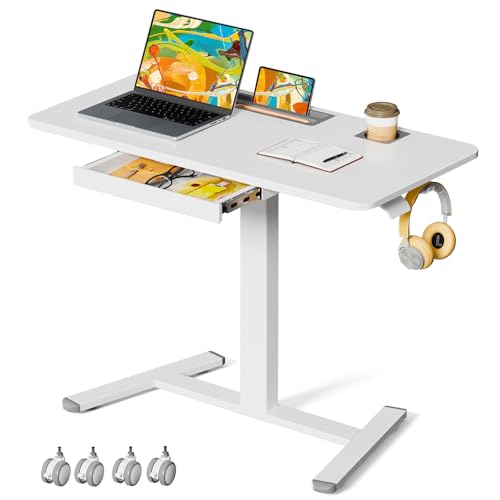 40"×20" Mobile Desk with Drawer, Rolling Desk with Storage | Height Adjustable Portable Laptop Desk on Wheels, Small Computer Desk with Cup Holder and Hooks for Study & Work, White - color: White, size: 40"
