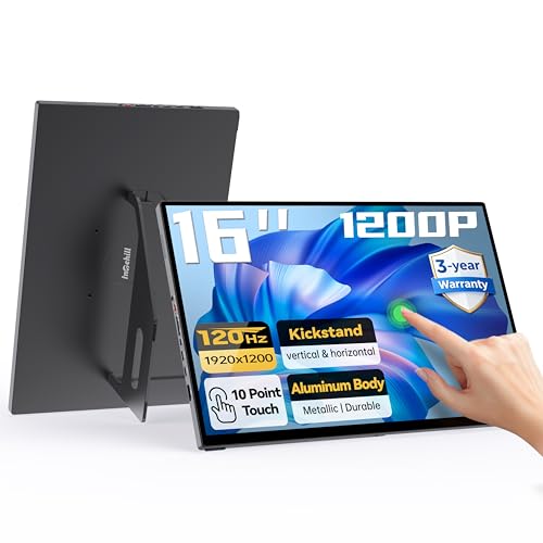 Intehill 16" 120Hz Touchscreen Portable Monitor, Portable Gaming Monitor w/Stand & Speakers, 16:10 Display with Full Laminated Tempered Glass, Touch Screen Travel Monitor for Laptop, T16PB (Black) - color: Black