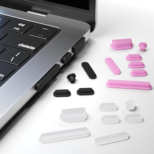 ProElife 21-Pcs Anti Dust Dirt Plug for MacBook Pro 14, Pink, Black, Clear | Protective Laptop Silicone Anti Dirt Protective Cover, Durable & Reusable, Custom Fit Design, Easy to Apply and Clean - color: Black/Clear/Pink