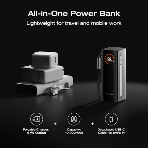 EF ECOFLOW RAPID Pro Power Bank with 67W Wall Plug, 10,000mAh 3-in-1 Portable Charger with Built-in USB-C Cable, 45W Fast Recharging, Travel Essentials for iPhone 17/16 Series, Galaxy, Laptops, and More