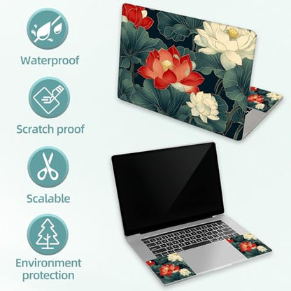Universal Laptop Skin Decal, 3-Piece Vinyl Protector for 12 13 14 15.6" Notebook, Waterproof Anti-Scratch, Easy Trim & Bubble-Free Finish, Red and White Lotus Flowers - color: Red and White Lotus Flowers