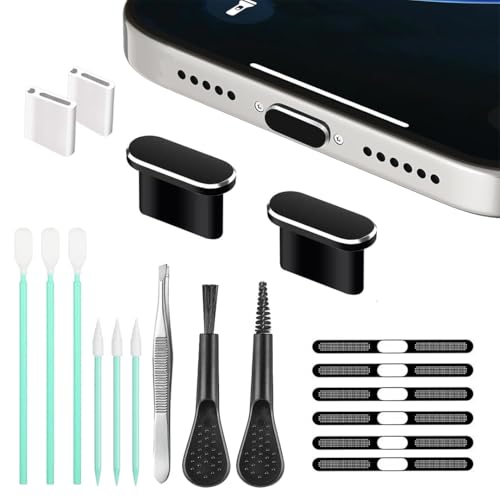 Mobile Phone Speaker Metal Dust Mesh for iPhone 17pro max, Charging Port dust Plug, Cleaning Brush Cleaning Tool Set (Black) - color: Black