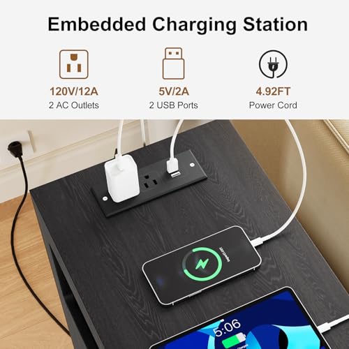 Narrow End Table with Charging Station and Wheels, Movable Narrow Sofa Side Table with USB Ports and Outlets for Small Space, Living Room, Bedroom and Office, Bedside with 4 Wheels (Black) - color: [A1] Black