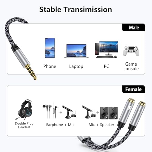 Headphone Mic Splitter [10in], 3.5mm 2 TRS Female to 1 TRRS Male Mic and Audio Y Splitter Extension Cable Headset Adapter Cable Braided for New Version Laptop/Xbox/Tablets/PS4/PS5/PC Gaming Headsets
