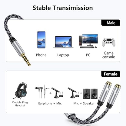 Headphone Mic Splitter [10in], 3.5mm 2 TRS Female to 1 TRRS Male Mic and Audio Y Splitter Extension Cable Headset Adapter Cable Braided for New Version Laptop/Xbox/Tablets/PS4/PS5/PC Gaming Headsets
