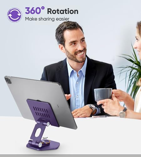 Tablet Stand, Aluminum Desktop Holder, Compatible with 5-12.9" iPad, Purple | 360° Swivel Adjustable Viewing Angles; Sturdy All-Aluminum Design Improve heat dissipation; Foldable and Storage; - color: Purple