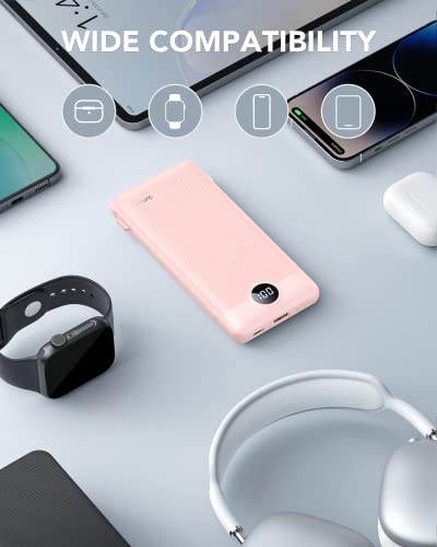 VRURC Portable Charger, Power Bank Built-in Cables and AC Wall Plug | USB C Power Bank 10000mAh Travel Essentials Phone Charger Compact External Battery Pack For Smart Phones, Tablets etc-Pink - color: Pink
