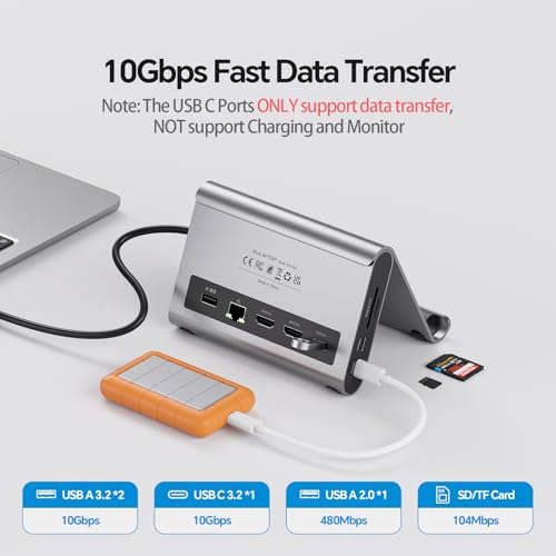 MacBook Pro Docking Station Dual Monitor 4K@60Hz for MacBook Pro/Air M3 Pro/M4/M5, PULWTOP USB C Docking Station Stand Laptop Dock with 2 HDMI, PD, Ethernet, USB A/C 10Gbps, Audio, SD/TF, USB 2.0