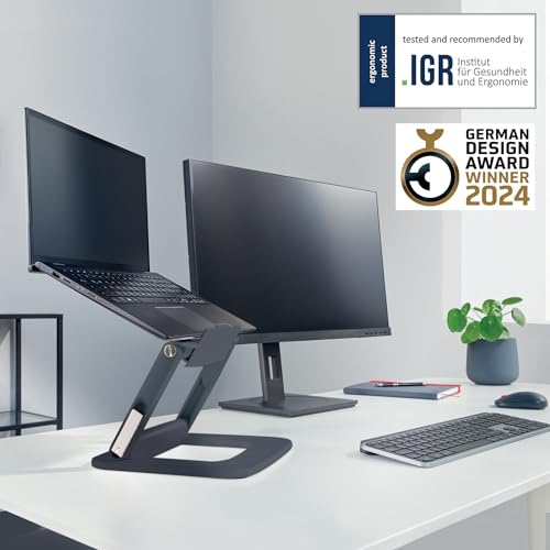 Leitz Height Adjustable Multi-Angle Laptop Stand, 80% Recycled Plastic, Six Pre-Set Height & Angle Combinations, Compact Footprint, 100% Recyclable, Ergo Range, Dark Grey, 64240089