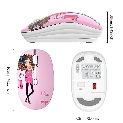 FMOUSE Cute Pink Wireless Mouse, Dual Mode, Bluetooth & 2.4GHz USB Receiver, Silent Clicks, AA-Battery Powered, Handy & Durable, for Kids, Girls, Students on Laptops, Mac, iPad, PC - color: Shopping Girl