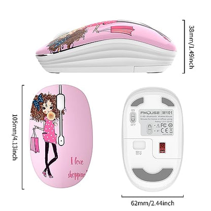 FMOUSE Cute Pink Wireless Mouse, Dual Mode, Bluetooth & 2.4GHz USB Receiver, Silent Clicks, AA-Battery Powered, Handy & Durable, for Kids, Girls, Students on Laptops, Mac, iPad, PC - color: Shopping Girl